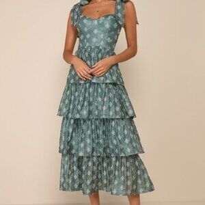 Lulus Gorgeous Excellence Teal Green Floral Burnout Tiered Midi Dress - Size S